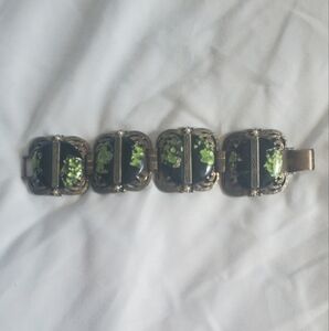 Floral Cuff Bracelet Black (Onyx?) Green (Emerald) Pearl Accents Vintage Ornate